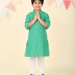 Fabindia Kids Green Cotton Regular Fit Printed Kurta image 1