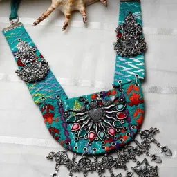 Moedbuille Crystals Studded Handwoven Antique Design Oxidised Silver Plated Tasselled Necklace image 1