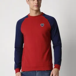 Peter England Maroon & Blue Slim Fit Colour Block Sweatshirt image 1