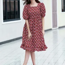 SELVIA Brown Cotton Printed A-Line Dress image 1