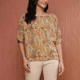 Fabindia Mustard Viscose Comfort Fit Print Top image 1