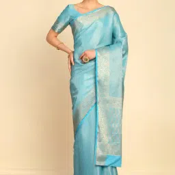 Soch Womens Turquoise Blue Ethnic Motifs Woven Design Zari Silk Blend Saree-picture-12