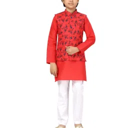 Little Mafia By Aarika Kids Red & White Floral Print Kurta, Pyjamas with Waistcoat image 1