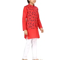 Little Mafia By Aarika Kids Red & White Floral Print Kurta, Pyjamas with Waistcoat image 3