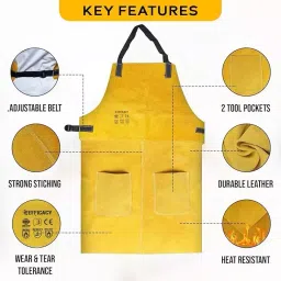 EFFICACY Leather Material Fire Resistance Yellow Apron  Free Size, WI-LTHR/APRN-WITH-POCKET-1 image 3