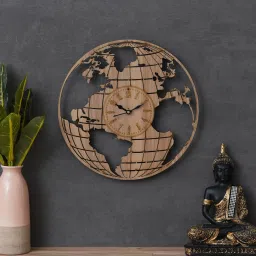 eCraftIndia Light Brown Globe Designer Round Shape Wooden Wall Clock image 1
