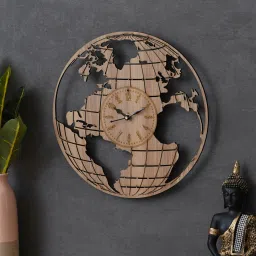 eCraftIndia Light Brown Globe Designer Round Shape Wooden Wall Clock image 2
