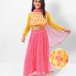 Earthy Touch 100% Cotton Knit Full Sleeves Choli with Lehenga & Dupatta Floral Print- Pink & Yellow-picture-17