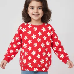 Babyhug Cotton Knit Full Sleeves Sweatshirt with Floral Print - Red-picture-10