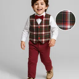Babyhug Woven Full Sleeves Checks 3 Piece Party Suit With Bow - Rust-picture-15