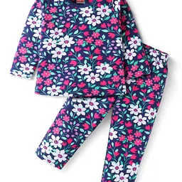 Babyhug Cotton Knit Full Sleeves Floral Printed Night Suit - Navy Blue-picture-27