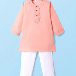 Babyhug Full Sleeves Cotton Woven Solid Kurta with Embriodery and Payjama Set - Coral-picture-11