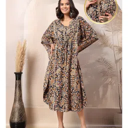 Zelena 100% Rayon Half Batwing Sleeves Floral Printed & Lace Embellished Maternity Kaftan With Nursing Access - Navy Blue-picture-10