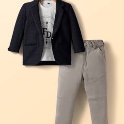 Dapper Dudes Full Sleeves Textured Blazer With Typography Printed Tee & Pant Set - Black-picture-46