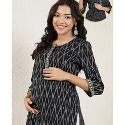 Zelena 100% Cotton Woven Three Fourth Sleeves Ikat Printed Maternity Kurti With Nursing Access - Black-image-52