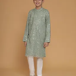 Piccolo Woven Full Sleeves Sequins Embellished Kurta Pyjama Set - Green-picture-12