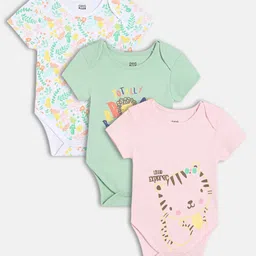 MINI KLUB Cotton Knit Pack Of 3 Half Sleeves Floral & Tiger Printed Onesie - White & Pink-picture-18