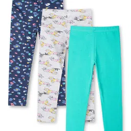Ariel Cotton Knit Pack Of 3 Dinosaur & Floral Printed Leggings - Grey Turquoise & Navy Blue-picture-21