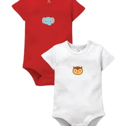 Zeezeezoo 100% Cotton Knit Pack Of 2 Half Sleeves Elephant & Owl Printed Onesies - Red & White-picture-20