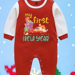 The Peppy Tend 100% Cotton Knit New Year Theme Raglan Full Sleeves My First New Year Text Printed Romper - Red & White-picture-20