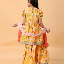 MASTARANG Woven Half Puffed Sleeves Floral Printed Gota Lace & Sequins Embellished Kurta Sharara With Dupatta Set - Yellow image 3