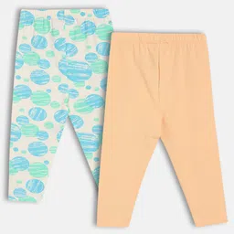 MINI KLUB Cotton Knit Pack Of 2 Fish Patch Detailed & Abstract Printed Leggings - Pink & Orange image 3