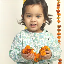 Polka Tots Full Sleeves All Over Birds Printed Kurta With Dhoti - Blue & White image 4