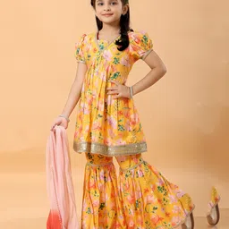 MASTARANG Woven Half Puffed Sleeves Floral Printed Gota Lace & Sequins Embellished Kurta Sharara With Dupatta Set - Yellow image 4