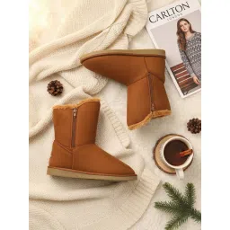 Carlton London Women Tan Ankle-High Cozy Casual Boots image 3