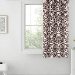 Swayam Blackout Eyelet Window Curtain - White With Brown Damask Print image 2