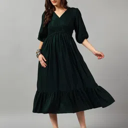 Raiyani Fashion Women Solid Puff Sleeve Crepe Fit & Flare Midi Dress-image-75