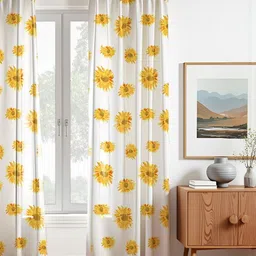 HOMEMONDE Yellow & White Pack of 2 Sunflower Printed Cotton Room Darkening Window Curtains-image-69