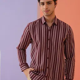 Indian Needle Men Classic Spread Collar Vertical Striped Cotton Casual Shirt-image-87