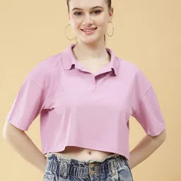 Mast & Harbour Women Polo Collar Oversized Crop T-shirt-picture-36