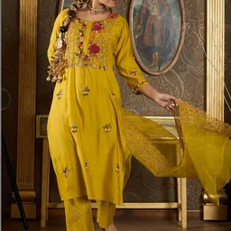 Indo Era Women Floral Embroidered Regular Thread Work Kurta with Trousers & With Dupatta image 2