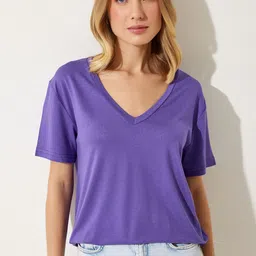 Happiness istanbul Women Solid Round Neck Oversized T-Shirt image 1