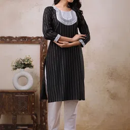 AUZAAI COLLECTION Women Striped Regular Pure Cotton Kurta with Trousers-picture-30