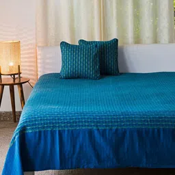 Fabindia Indigo Deepali Blue Checked Cotton Double Bed Cover-picture-22