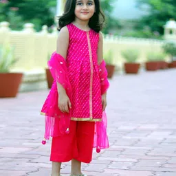 Piccolo Sleeveless Gota Patti Work Kurta With Pants & Dupatta - Dark Pink image 3