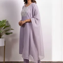 Sangria Embroidered Round Neck Straight Kurta & Trousers With Dupatta-image-81