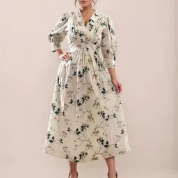 Zink London Multi-Colored Tropical Print 3/4th Sleeves Cotton Fit & Flare Midi Dress image 1