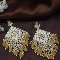 I Jewels Gold-Plated Kundan Studded & Beaded Contemporary Drop Earrings-picture-12