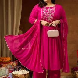 Janasya Women Floral Embroidered Pleated Sequinned Kurta with Palazzos & With Dupatta-image-90