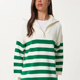 Happiness istanbul Women Striped Mock Collar Long Sleeves Pullover-picture-22