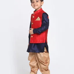 Vastramay Full Sleeves Kurta With Brocade Work Jacket & Dhoti Set - Blue image 3