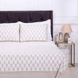 SHAHENAZ White & Brown Floral 120 TC Queen Bedsheet with 2 Pillow Covers-picture-29