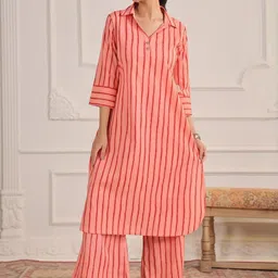 CRAFIQA Striped Shirt Collar Pure cotton Tunic With Palazzo image 3