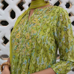 Janasya Floral Embroidered Gotta Patti Georgette A-Line Kurta With Palazzo & Dupatta image 4