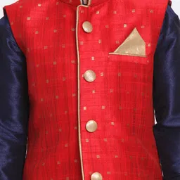 Vastramay Full Sleeves Kurta With Brocade Work Jacket & Dhoti Set - Blue image 4