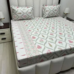 Pure Decor Green & Grey Floral Pure Cotton 400 TC Queen Bedsheet 2.28 m x 2.54 m-image-90